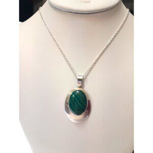 Large Sterling Silver 925 Oval Malachite Cabochon Pendant and Necklace  Handmade